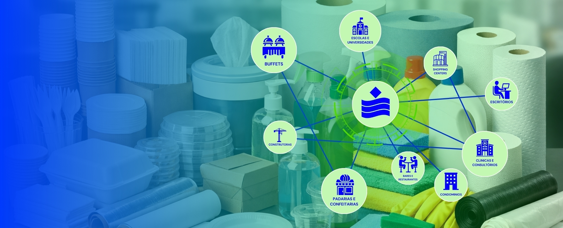 Produtos de limpeza e descartáveis organizados